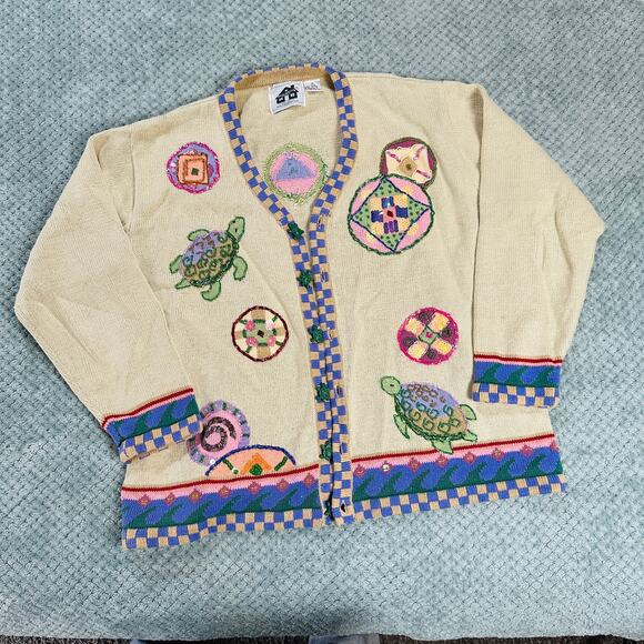 Storybook Knits Sweaters - VINTAGE STORYBOOK KNITS BEADED COLORFUL KNIT TURTLE CHUNKY CARDIGAN SWEATER